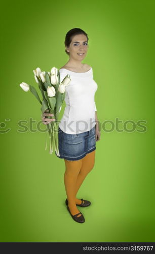 Woman on green background
