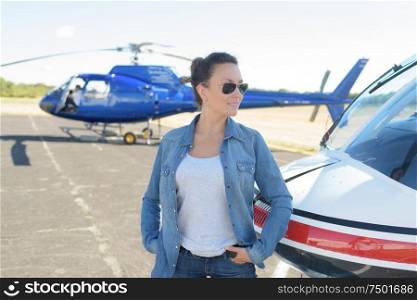 woman on helicopter background