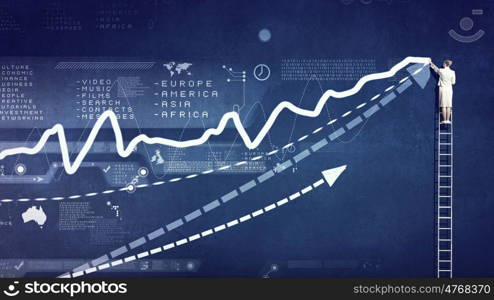 Woman on ladder top. Rear view of businesswoman standing on ladder and drawing graph