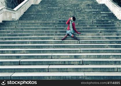 Woman on steps Budapest, Hungary