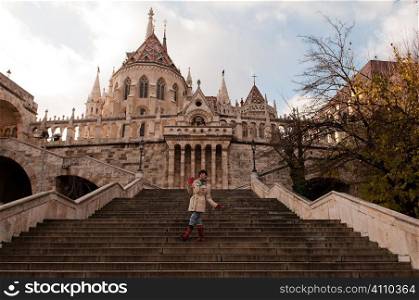 Woman on steps of Fisherman&acute;s Bastion, Budapest, Hungary