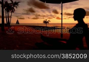 Woman on the beach and yacht sailing at sunrise, tilt