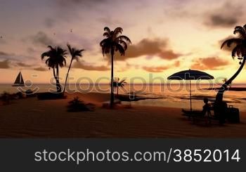 Woman on the beach with suitcases and yacht sailing at sunset, panning