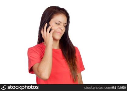 Woman on the phone with a gesture of negativity on her face isolated on white background