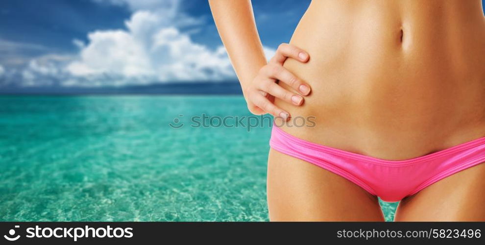 Woman on tropical beach with crystal clear turquoise water at Maldives. Collage.