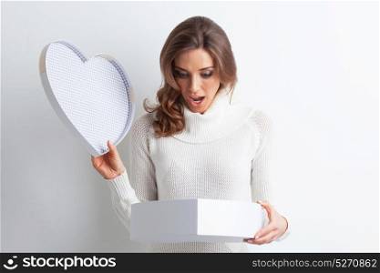 Woman open heart shaped box. Woman open heart shaped box, Valentines day love concept
