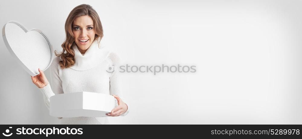 Woman open heart shaped box. Woman open heart shaped box, Valentines day love concept