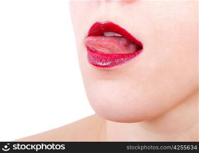 Woman open mouth and lips with red lipstick