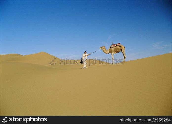 Woman outdoors walking in the desert with a camel (far away)