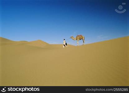 Woman outdoors walking in the desert with a camel (far away)
