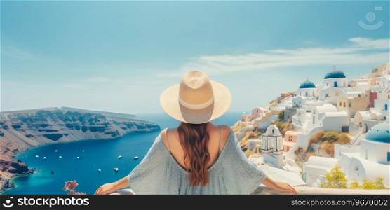 Woman Overlooking Santorini Seascape  Luxury European Vacation. Generative ai. High quality illustration. Woman Overlooking Santorini Seascape  Luxury European Vacation. Generative ai