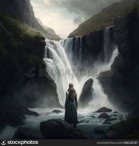 Woman overlooking waterfall Illustration Generative AI