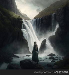 Woman overlooking waterfall Illustration Generative AI