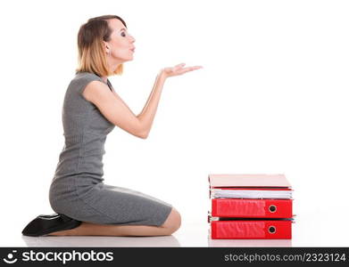 woman Overworked businesswoman holding plenty of documents isolated white red folder