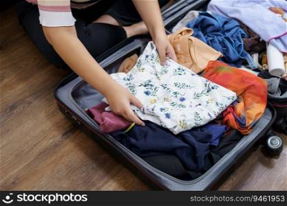 Woman packs baggage in suitcase for new journey packing a luggage travel plans vacation.