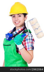 Woman painter with paintbrush on white