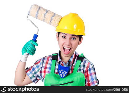 Woman painter with paintbrush on white