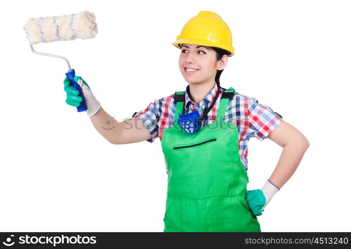 Woman painter with paintbrush on white