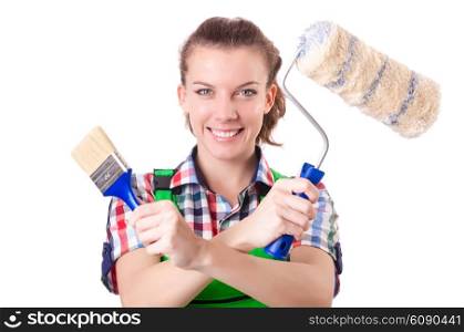 Woman painter with paintbrush on white