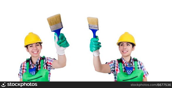 Woman painter with paintbrush on white