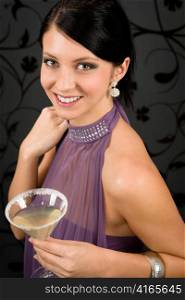 Woman party dress hold cocktail glass smiling look at camera