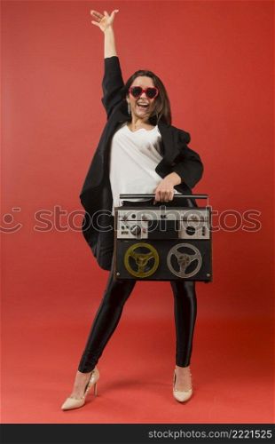 woman party wearing sunglasses with radio