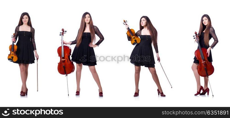 Woman performer playing violin on white