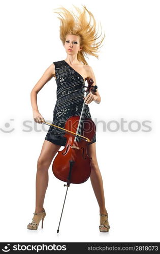 Woman performer with cello on white