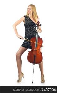 Woman performer with cello on white