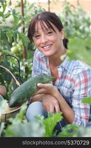 Woman picking a cucumber