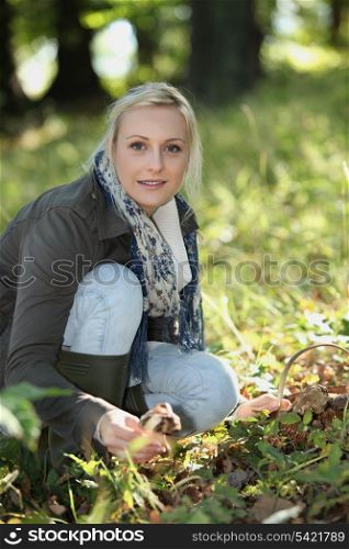 Woman picking mushrooms in the woods