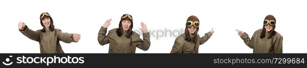 Woman pilot isolated on the white