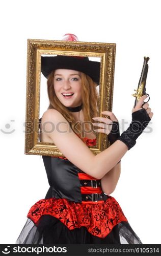 Woman pirate with gun and picture frame