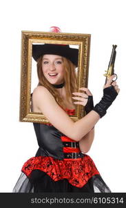 Woman pirate with gun and picture frame