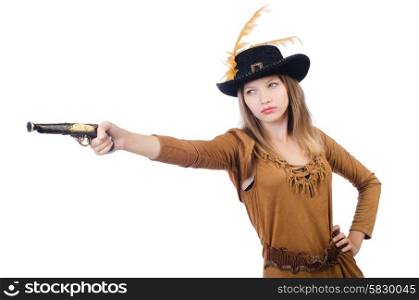 Woman pirate with gun isolated on white