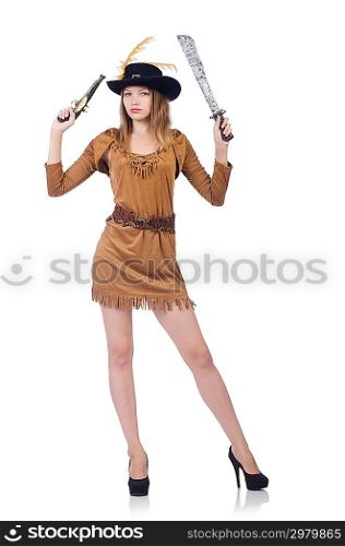 Woman pirate with knife isolated on white