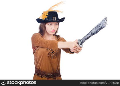 Woman pirate with knife isolated on white