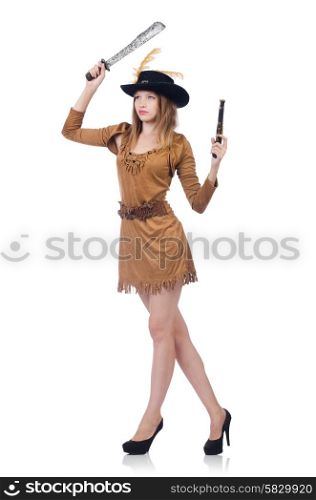 Woman pirate with knife isolated on white