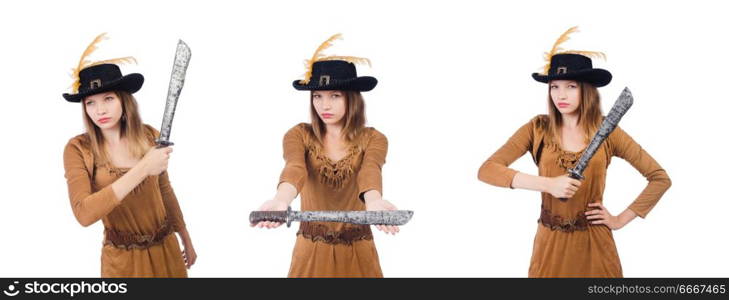 Woman pirate with knife isolated on white