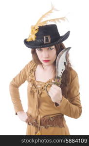 Woman pirate with knife on white