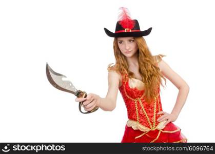 Woman pirate with knife on white