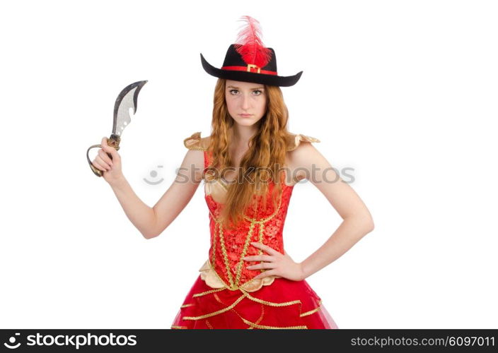 Woman pirate with knife on white