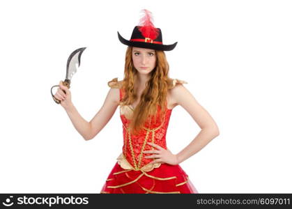 Woman pirate with knife on white