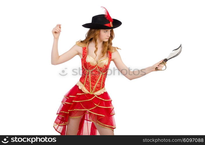 Woman pirate with knife on white