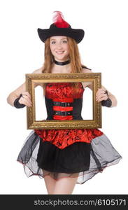 Woman pirate with picture frame isolated on white