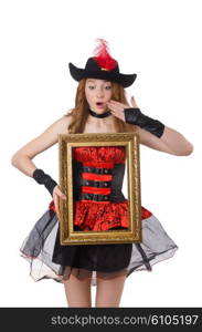 Woman pirate with picture frame isolated on white