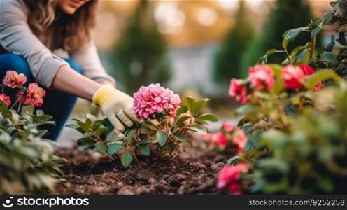 Woman planting flowers in garden. Illustration Generative AI 