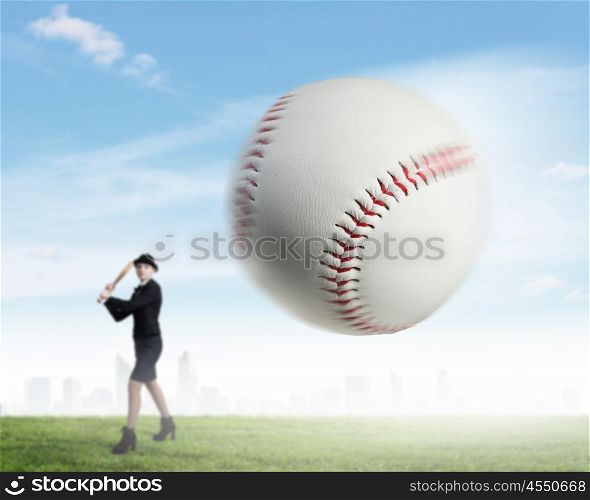 Woman play baseball. Young pretty woman in suit and hat with baseball bat