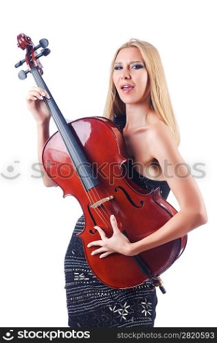 Woman playing cello on white