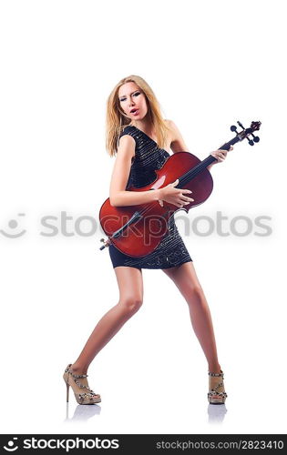 Woman playing cello on white